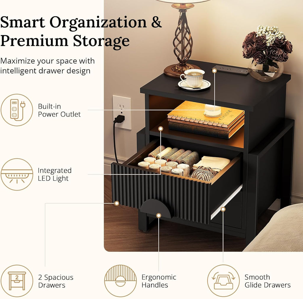 LGHM Set of 2 Fluted Nightstand with Charger Station Strip Lights, 20.47" W Night Stand with 2 Drawers, Large Accent Bed Side Table and End Table, Large Open Cubby, Raising H Legs,Black