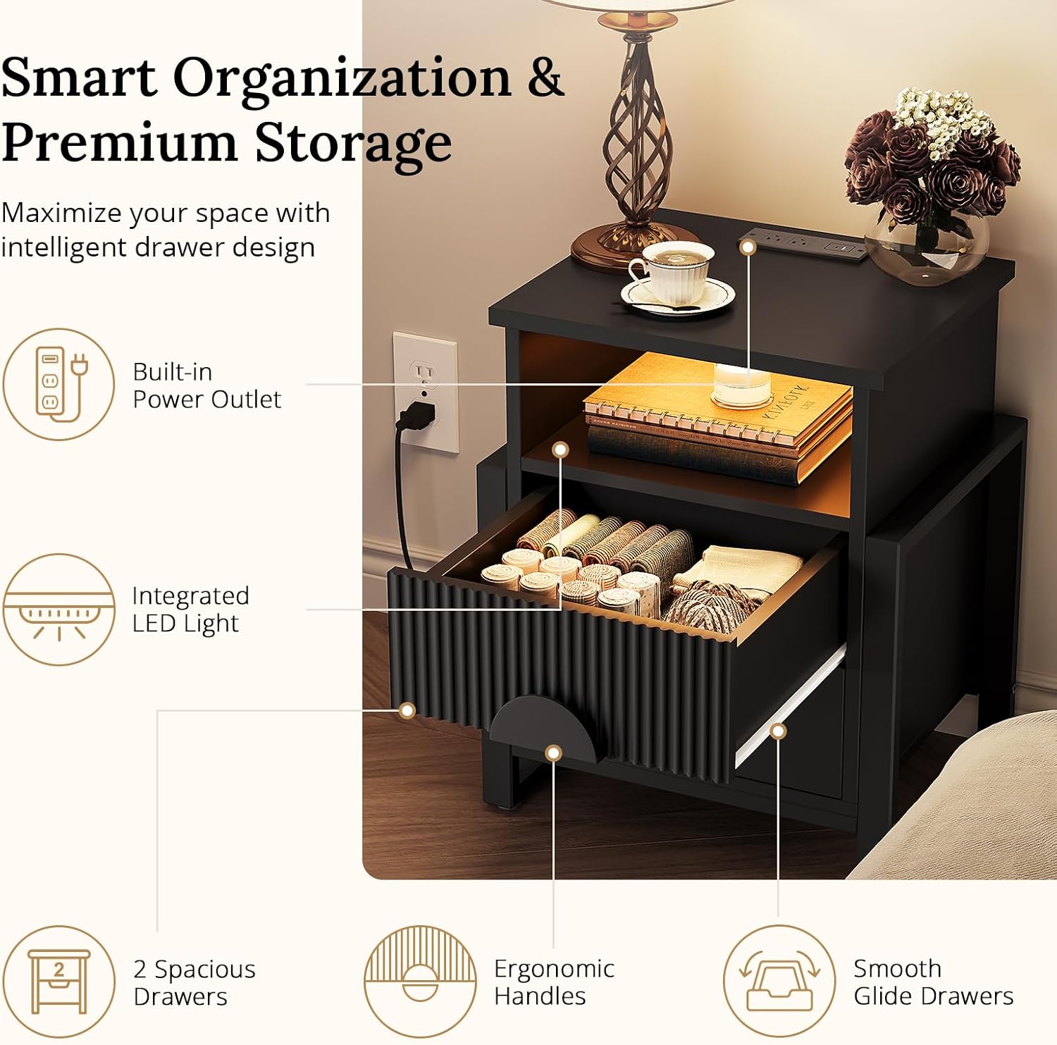LGHM Set of 2 Fluted Nightstand with Charger Station Strip Lights, 20.47" W Night Stand with 2 Drawers, Large Accent Bed Side Table and End Table, Large Open Cubby, Raising H Legs,Black