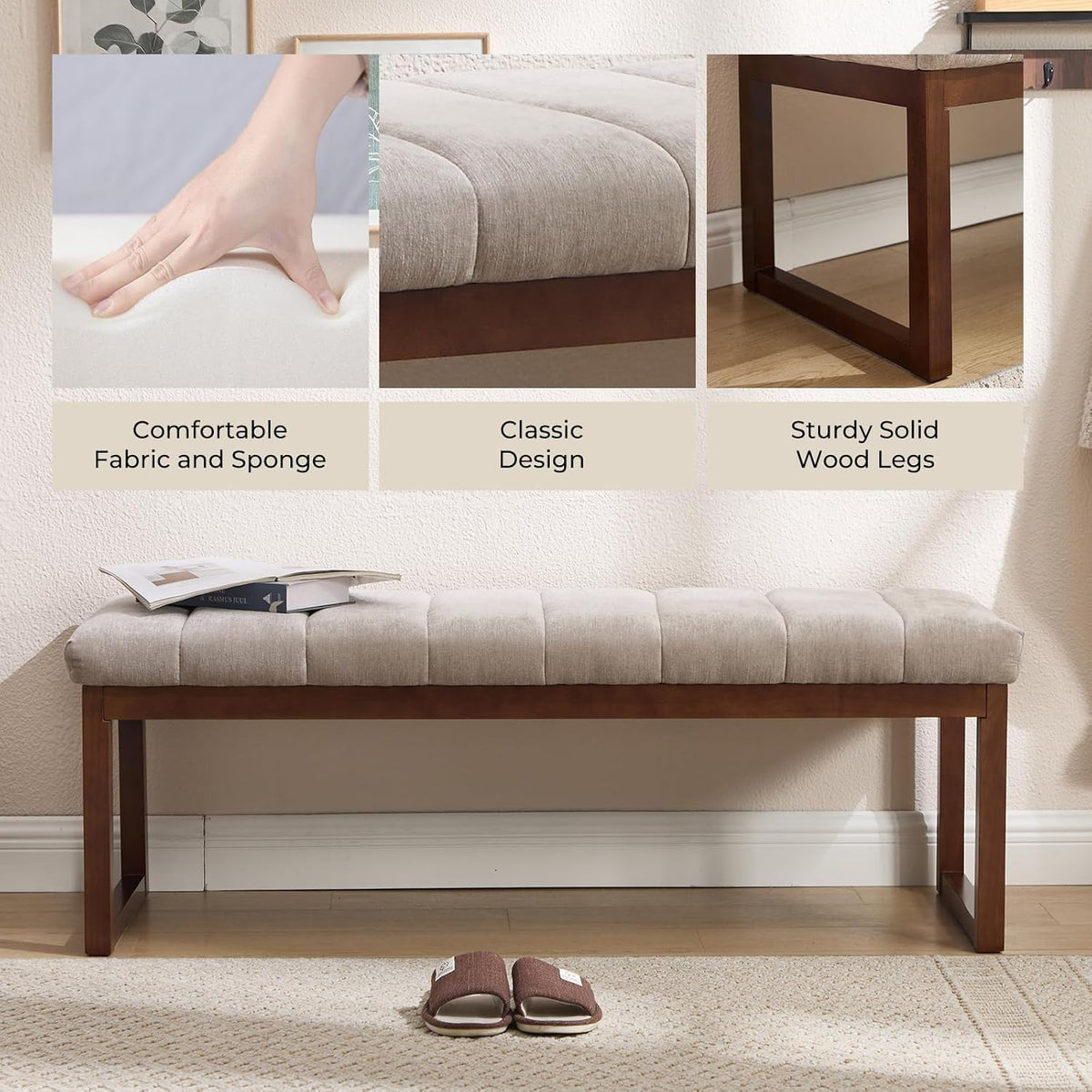 Bedroom Bench for End of Bed, 53.2" Modern Upholstered Chenille Fabric Entryway Bench & Window Bench, Footrest Stool Bench with Solid Wood Frame for Bedroom Living Room, Camel