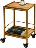 Acacia Wood Rolling Side Table, 2-Tier with Lockable Wheels & Removable Tray, Sturdy Durable for Bar Cart, Nightstand, End Table, Sofa Table