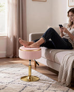 LITZFUR Adjustable Vanity Stool with Storage, 360° Swivel Gold Chair, Velvet Small Round Ottoman Footrest for Bathroom, Makeup Room, Pink