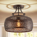 WUZUPS Chandelier Rustic Farmhouse Industrial Round Semi-flushmount Ceiling LED Light Fixture with Later-Cut Openwork Drum Shade, H 11.8" x W 13.4", Oil Rubbed Bronze