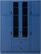 Modern Pantry Storage Cabinet with Adjustable Shelves and Drawers, 6 Doors Wood Cupboard with Pull-Out Trays and Wine Rack for Dining Room, Kitchen (Blue)