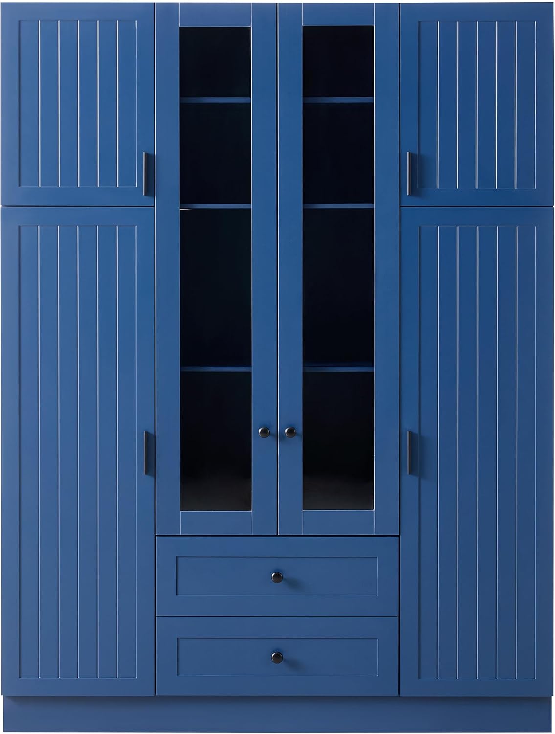 Modern Pantry Storage Cabinet with Adjustable Shelves and Drawers, 6 Doors Wood Cupboard with Pull-Out Trays and Wine Rack for Dining Room, Kitchen (Blue)