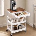 3 Tier Rolling Cart with Hidden Drawer and Wood Top, Small Space Storage Cart with Wheels, Coffee Station Organizer and Side Table Cart for Living Room, Bedroom, Kitchen, White