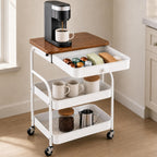 3 Tier Rolling Cart with Hidden Drawer and Wood Top, Small Space Storage Cart with Wheels, Coffee Station Organizer and Side Table Cart for Living Room, Bedroom, Kitchen, White