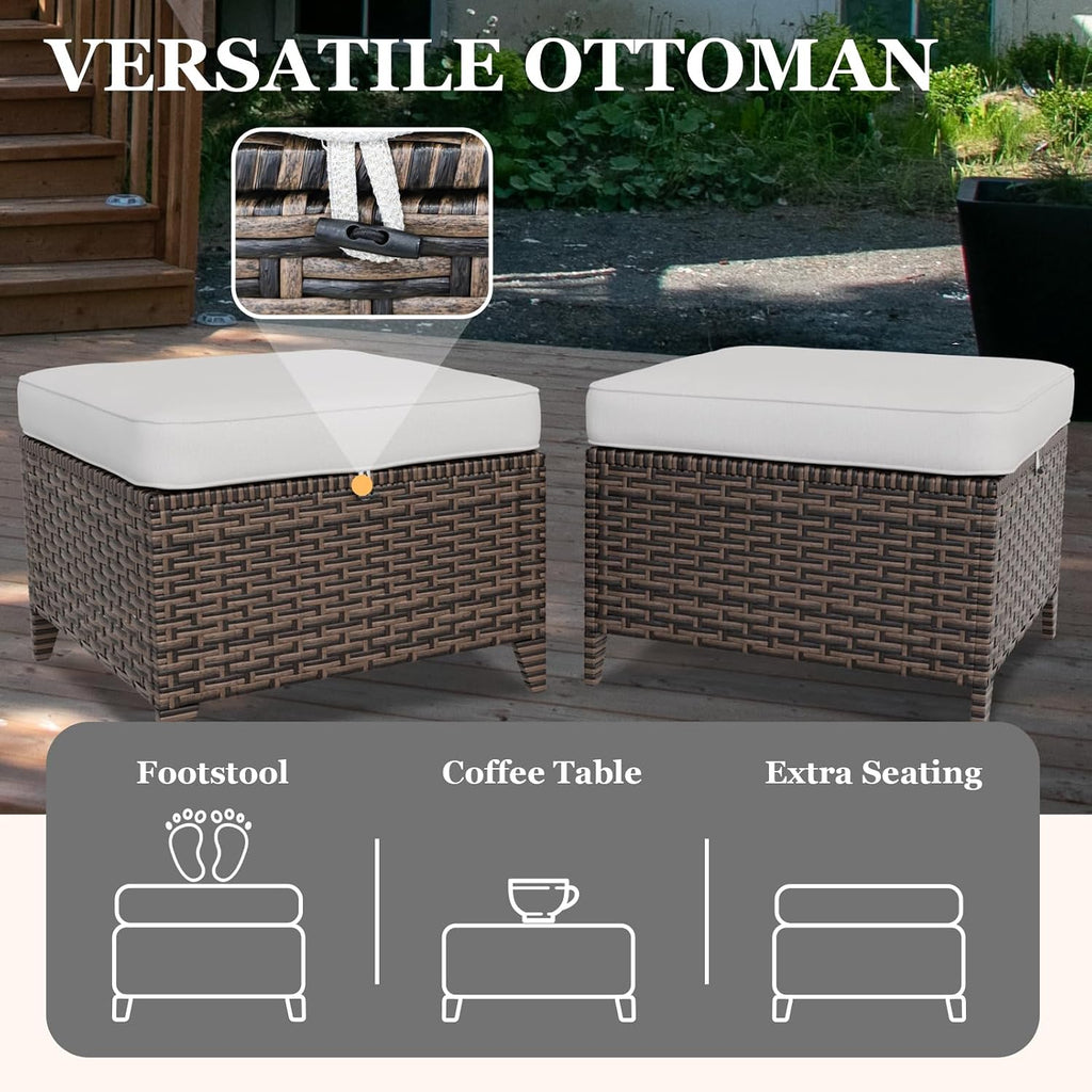 EAGLE PEAK Ocean Vista 2 Piece Wicker Patio Ottoman Set Weather-Resistant Cushions for Patio Deck Backyard Poolside, Beige