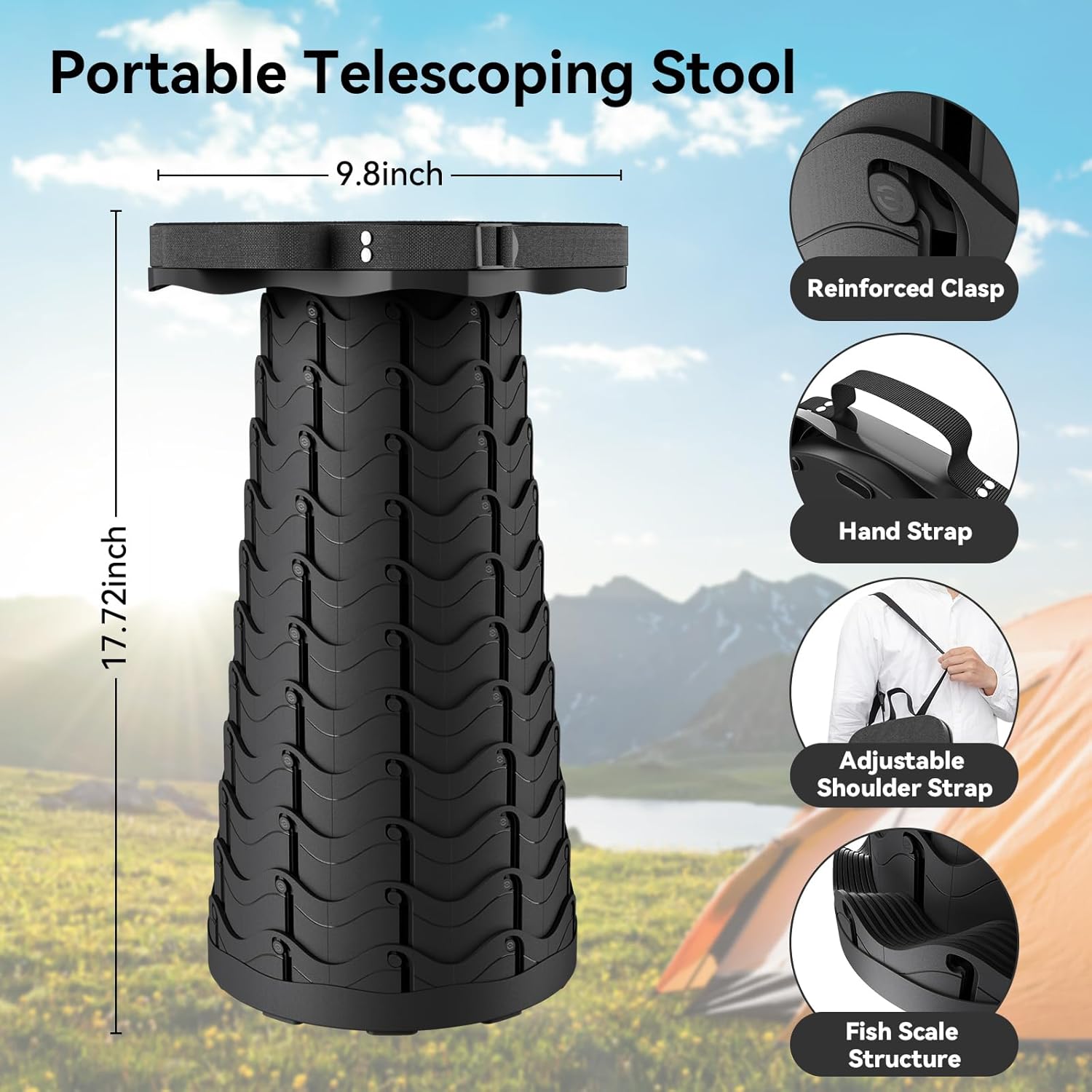 2026 Upgraded Portable Folding Stool, Collapsible Stool, Telescoping Camping Stool with Max Load Capacity 485lbs, Square Retractable Seat for Camping Gardening Fishing Hiking BBQ[Black]
