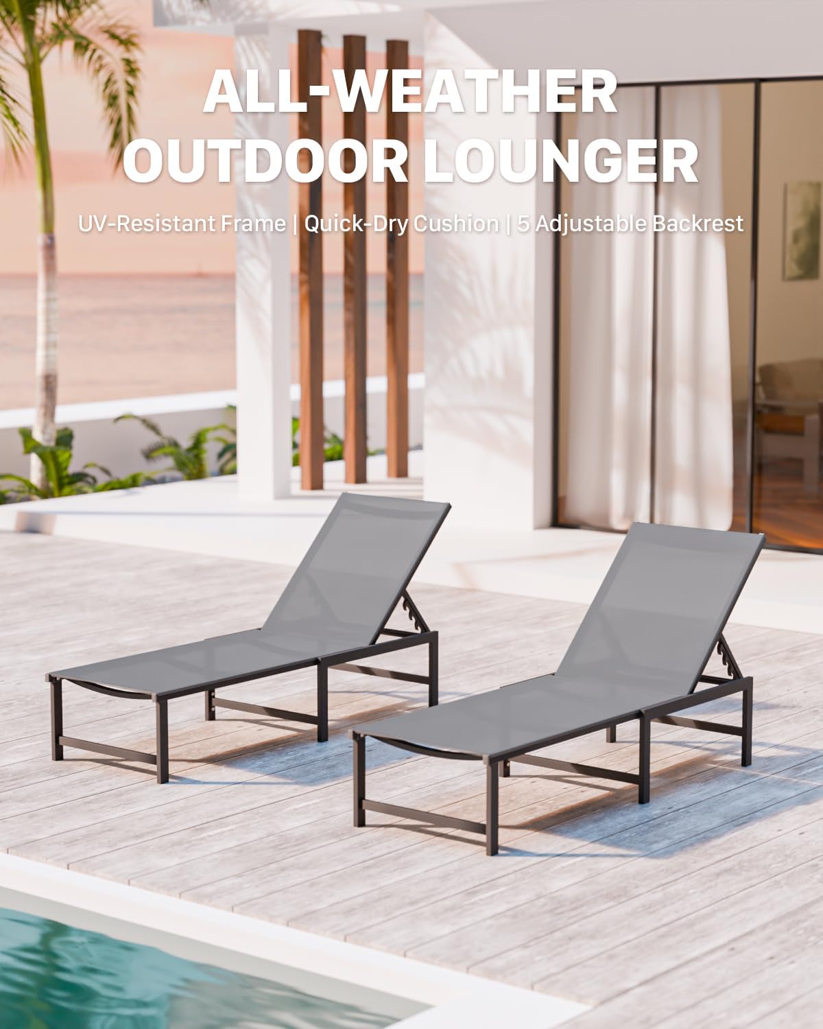 Aluminum Patio Chaise Lounge Chair Outdoor, Grey | Textilene Fabric,Weather-Resistant,Breathable,5-Position Recliner,400 lb Weight Capacity,Backyard Poolside Patio Deck
