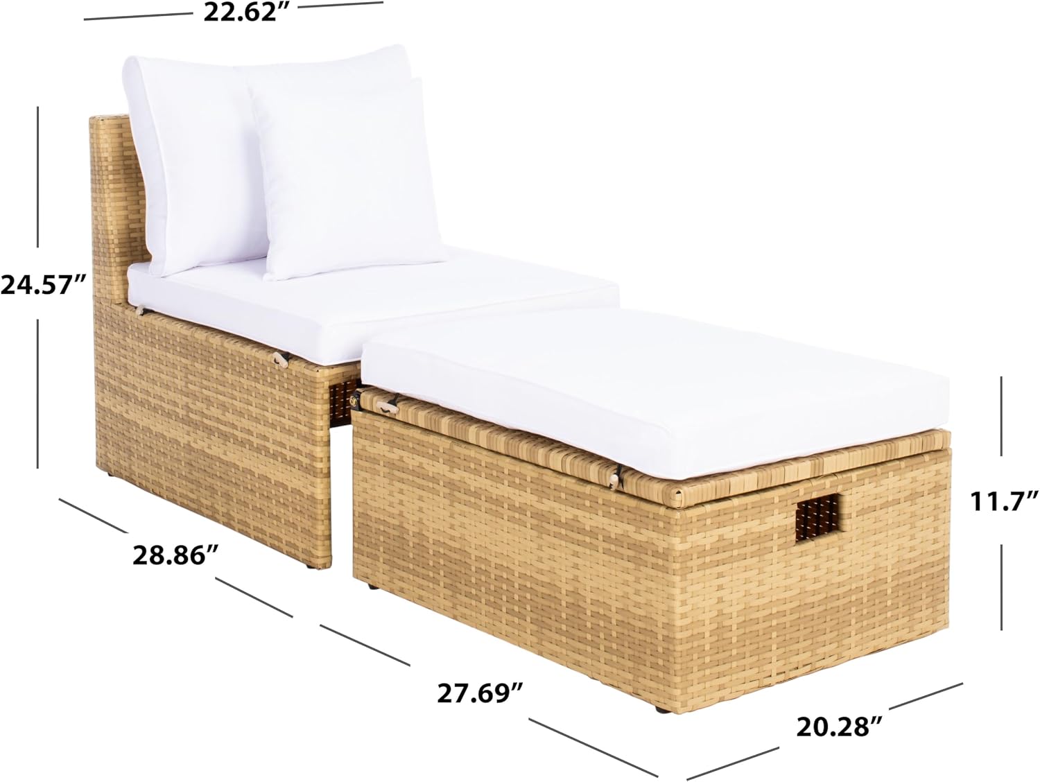 SAFAVIEH Outdoor - Pramla Settee and Ottoman Set - Natural & White - Steel Frame with Cushion - Coastal Storage Design - Ideal for Patio, Deck, Porch, Backyard (PAT7515D)