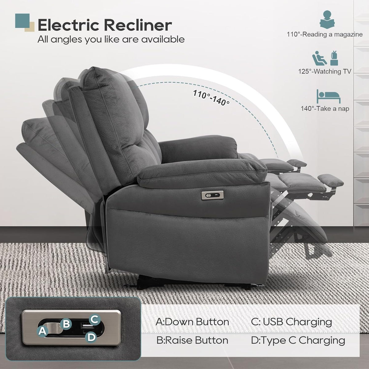 Reclining Sofa, Power Reclining Sofa with Drop-Down Table & Cup Holders, Modern 3 Seat Power Reclining Couch, Wall Hugger Sofa Recliner for Living Room Furniture Sets(Dark Gray)