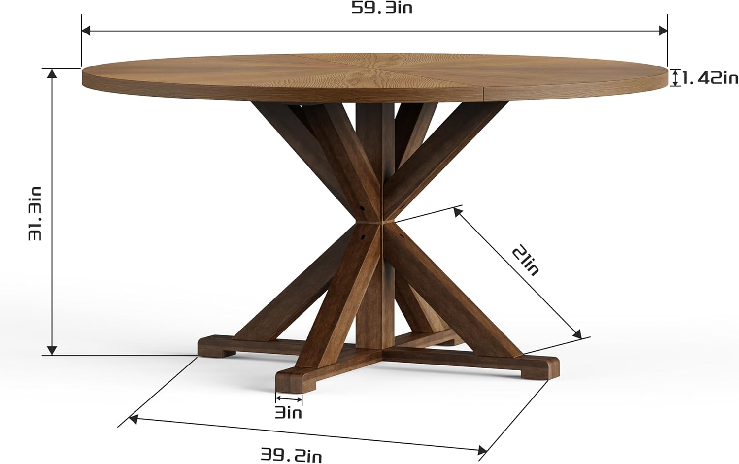 59" Solid Wood Round Dining Table for 6-8 People, Wooden Pedestal Base, Farmhouse Round Dining Room Table for Home Dining Room, Kitchen, Living Room