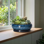Bonsai Pots - 13 Inch Ceramic Succulent Pots for Indoor Outdoor, Large Succulent Planter with Drainage Hole and Saucer, Round Shallow Flower Planters, Porch Decor, Gardening Gifts, Blue