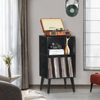 Lerliuo Record Player Stand, Black Turntable Stand Holds up to 160 Albums | Mid-Century Vinyl Storage Cabinet Table,Solid Wood Legs, Record Player Holder Dispaly Shelf for Bedroom Living Room