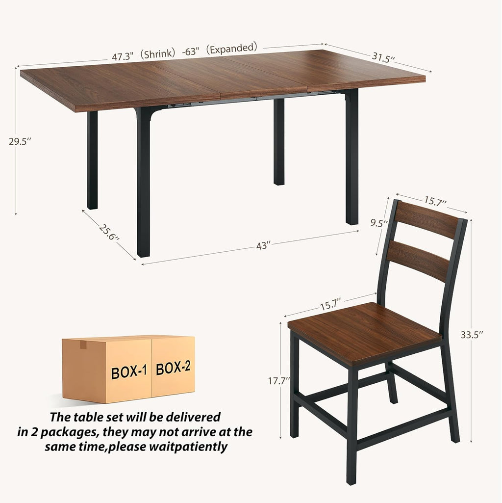 ALEXNUTRE 7-Piece Dining Table Set for 4-6, 63" Large Extendable Kitchen Table Set with 6 Chairs, Curved Backrest, Dining Room Table with Solid Metal Frame & MDF Board, Easy Assembly, Walnut