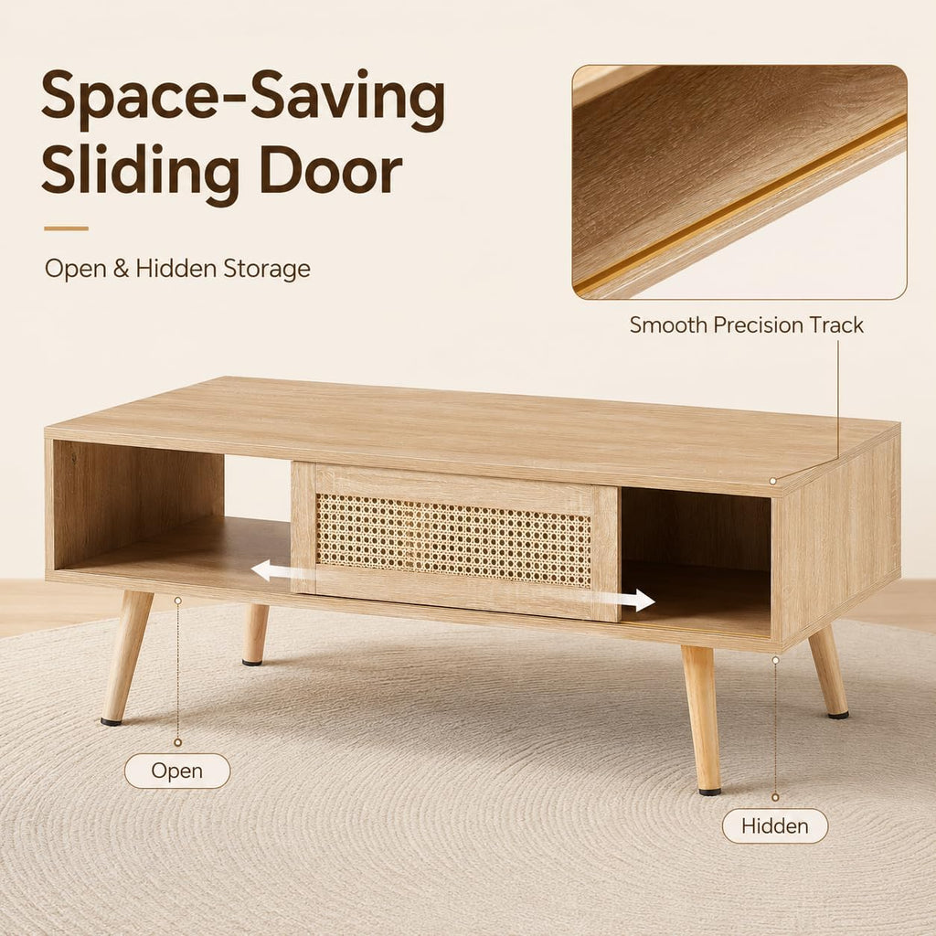 Boho Coffee Table & TV Stand Set of 2, Sliding Door Storage, Natural | Boho Entertainment Center Sturdy Frame, Natural TV Console Coffee Table with Sliding Door, Living Room Storage, Easy Assembly