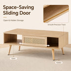 Boho Coffee Table & TV Stand Set of 2, Sliding Door Storage, Natural | Boho Entertainment Center Sturdy Frame, Natural TV Console Coffee Table with Sliding Door, Living Room Storage, Easy Assembly