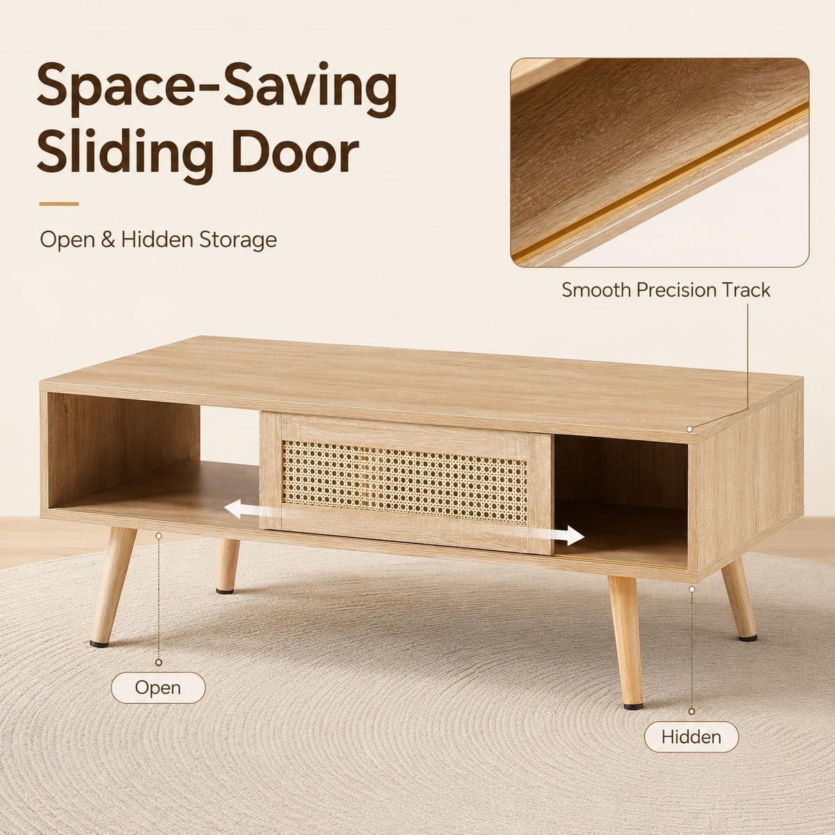 Boho Coffee Table & TV Stand Set of 2, Sliding Door Storage, Natural | Boho Entertainment Center Sturdy Frame, Natural TV Console Coffee Table with Sliding Door, Living Room Storage, Easy Assembly