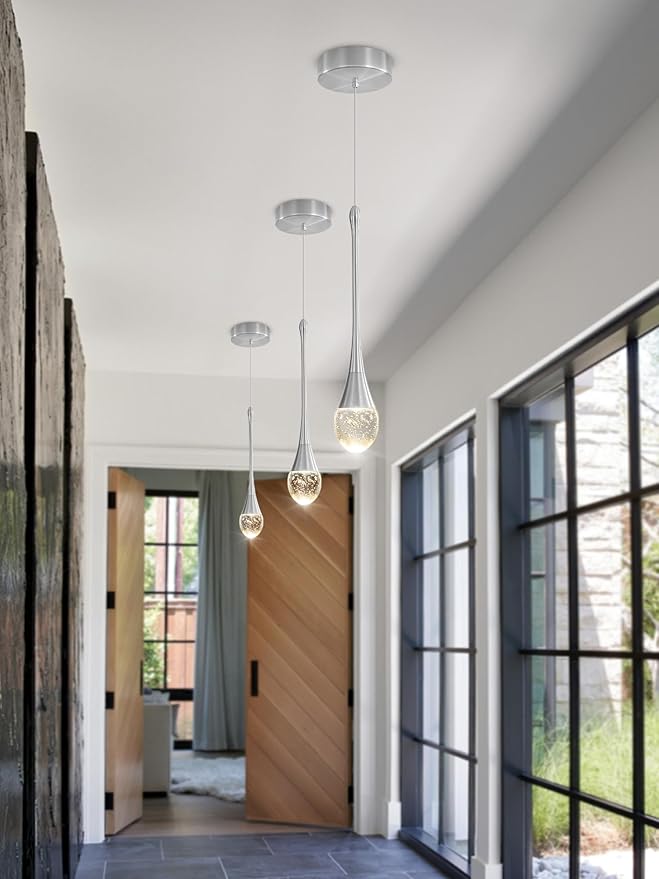 Modern Pendant Lights for Kitchen Island Silver Raindrop Crystal Hanging Light Fxitures Mini Pendant Light Fixture for Dining Room Bar Bedroom （3pack）