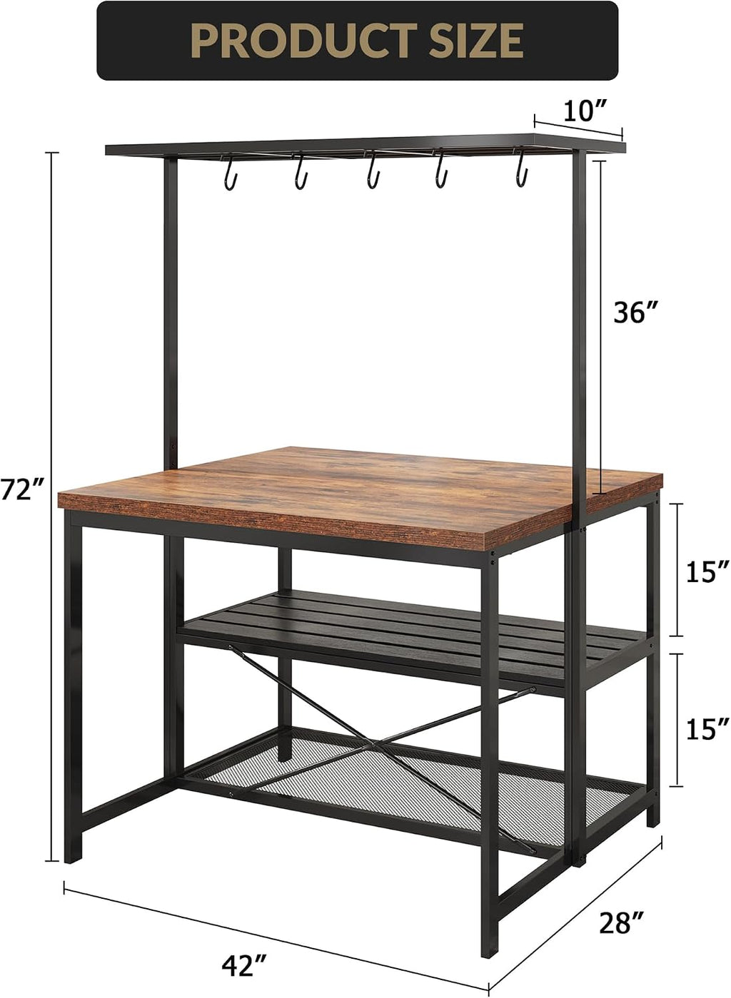 TrailBlaze 42'' Kitchen Island with Storage– 3-Tier Bakers Rack, Wooden Top, Sturdy Metal Frame, 5 Hooks, Space-Saving Design for Small Kitchens, Coffee Bar or Dining Room –No Stools