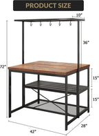 TrailBlaze 42'' Kitchen Island with Storage– 3-Tier Bakers Rack, Wooden Top, Sturdy Metal Frame, 5 Hooks, Space-Saving Design for Small Kitchens, Coffee Bar or Dining Room –No Stools