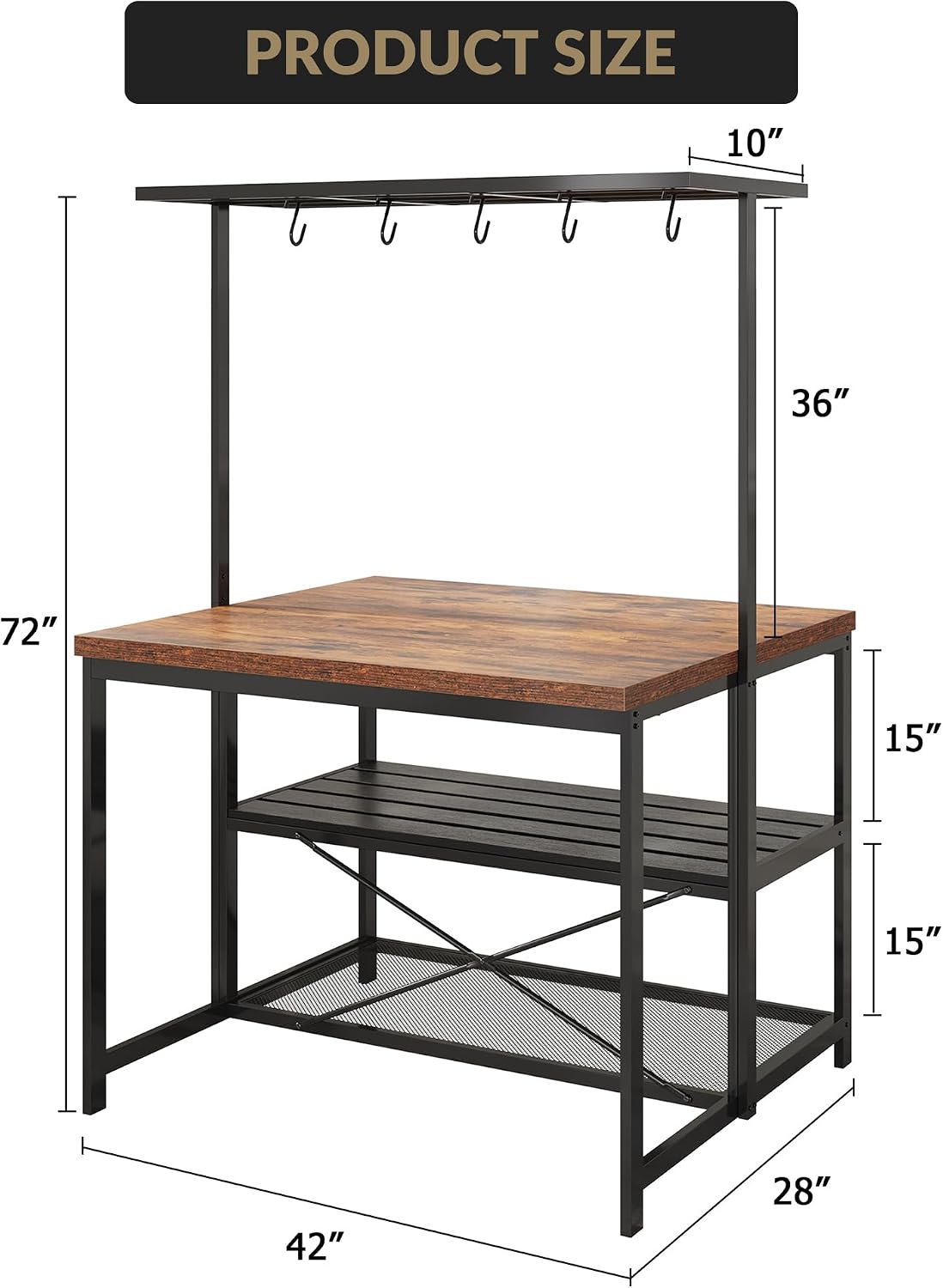 TrailBlaze 42'' Kitchen Island with Storage– 3-Tier Bakers Rack, Wooden Top, Sturdy Metal Frame, 5 Hooks, Space-Saving Design for Small Kitchens, Coffee Bar or Dining Room –No Stools