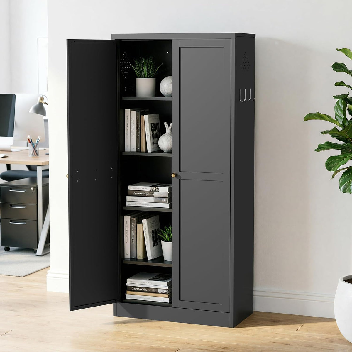 Kitchen Pantry Cabinet, 61" H Storage Cabinet with Doors and Adjustable Shelves, Spacious Cupboard with 2 Handles, Metal Kitchen Cabinet for Dining Room, Living Room,Black