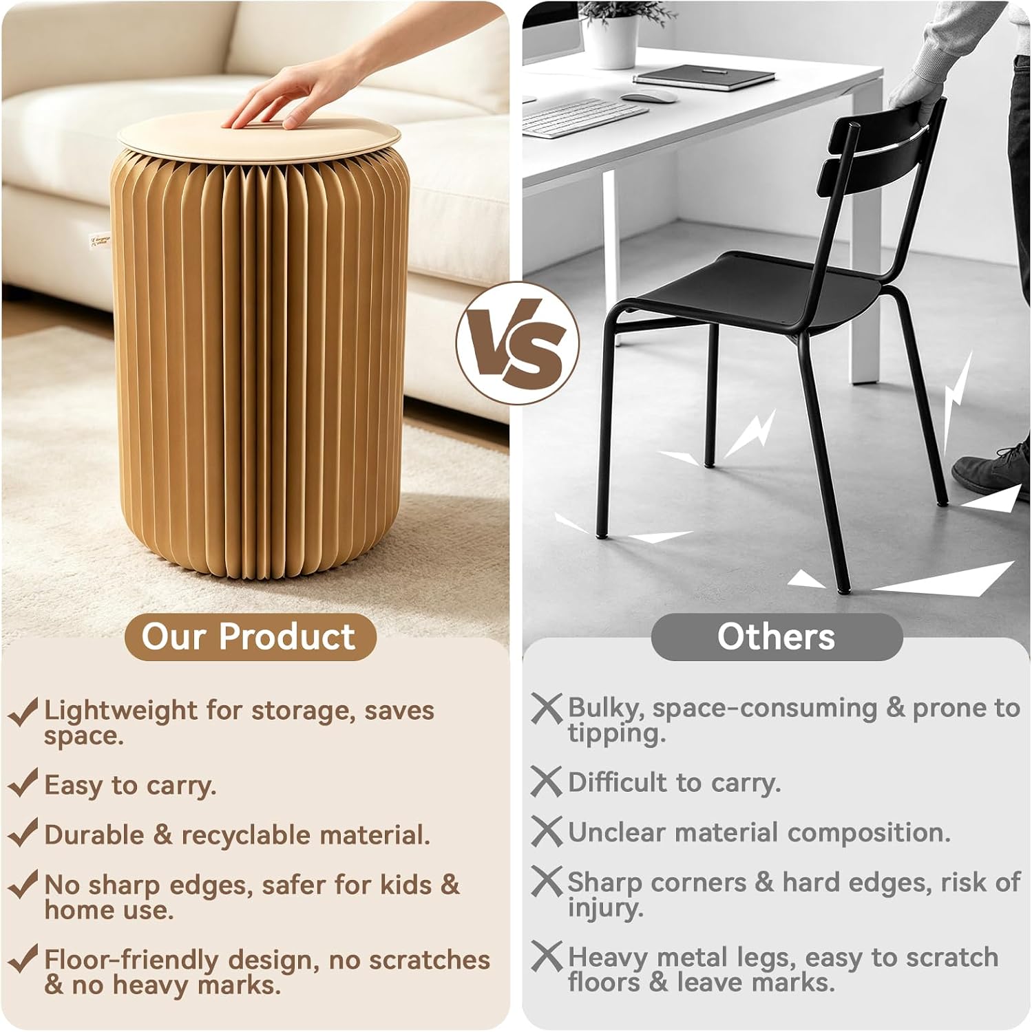 PAPER JAZZ 17in Foldable Stool Portable Stool for Adult House Decor Brown | Thick Paper Honeycomb Portable Stool,Folding Foot Stool Durable for Adults, Space Saving Lightweight for Bedroom Office