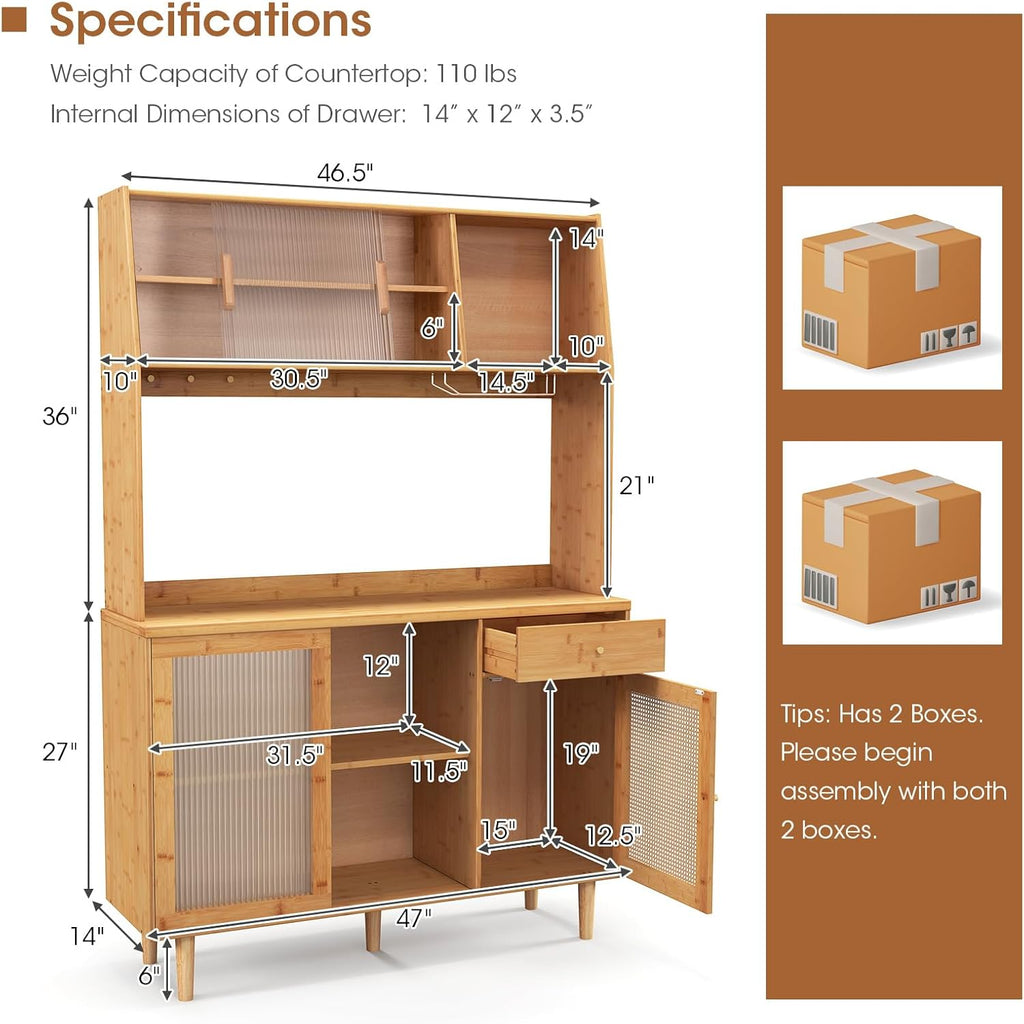 67" Tall Kitchen Pantry Storage Cabinet, Bamboo Hutch Cabinet with Microwave Shelf, Drawer, Tempered Glass/Rattan Doors, Wine Glass Holder, Freestanding Buffet Cupboard for Dining Room