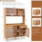 67" Tall Kitchen Pantry Storage Cabinet, Bamboo Hutch Cabinet with Microwave Shelf, Drawer, Tempered Glass/Rattan Doors, Wine Glass Holder, Freestanding Buffet Cupboard for Dining Room