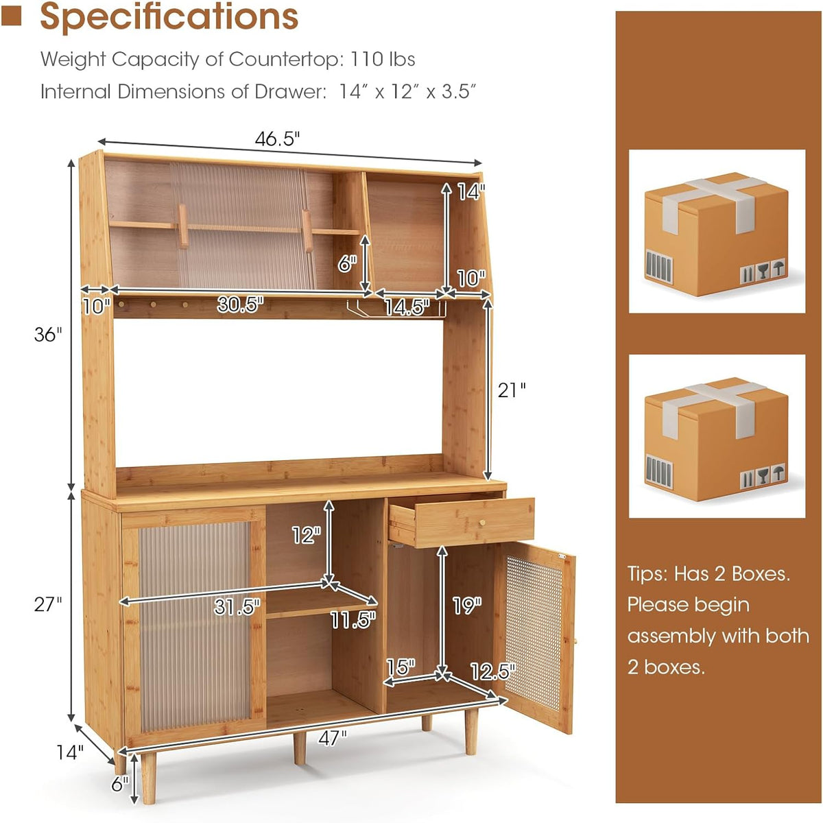 67" Tall Kitchen Pantry Storage Cabinet, Bamboo Hutch Cabinet with Microwave Shelf, Drawer, Tempered Glass/Rattan Doors, Wine Glass Holder, Freestanding Buffet Cupboard for Dining Room