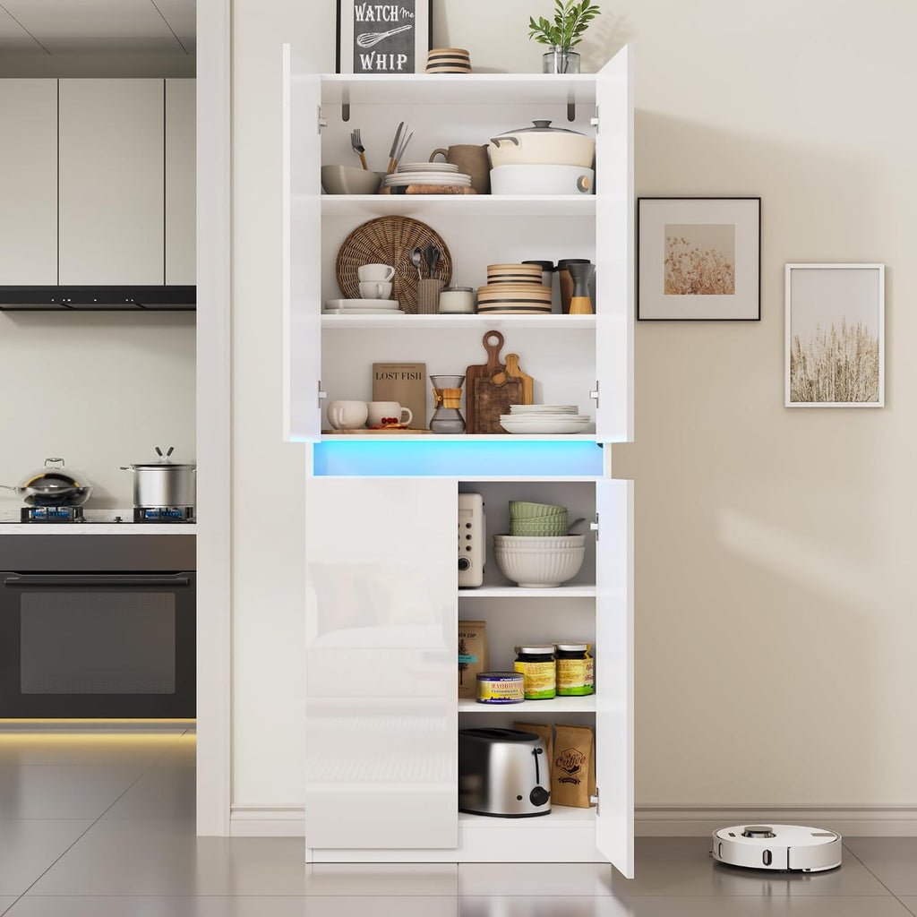 Furnify 71" Tall Pantry Cabinet with LED Light and High Gloss Doors, White | Kitchen Freestanding Pantry Storage Cabinet with Adjustable Shelves, Modern Buffet Hutch Cabinet for Dining Room, Living Room