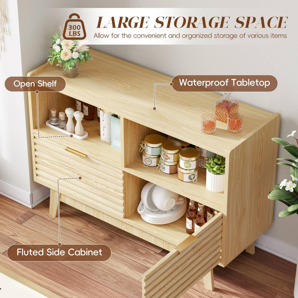 Fluted Buffet Sideboard Oak, Modern Storage Cabinet w/Cord Cutout, Accent Cabinet with Solid Wood Legs, Console Table w/Swing Doors & Open Shelves, Credenza for Living Room, Hallway, Entryway