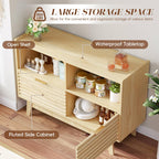 Fluted Buffet Sideboard Oak, Modern Storage Cabinet w/Cord Cutout, Accent Cabinet with Solid Wood Legs, Console Table w/Swing Doors & Open Shelves, Credenza for Living Room, Hallway, Entryway