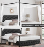 Keyluv King Upholstered Canopy Bed Frame with 3 Storage Drawers & Button Tufted Headboard, Metal Platform Bed with 4 Removable Posts, Two-Purpose Velvet Bed, Dark Grey/Curtain Not Included