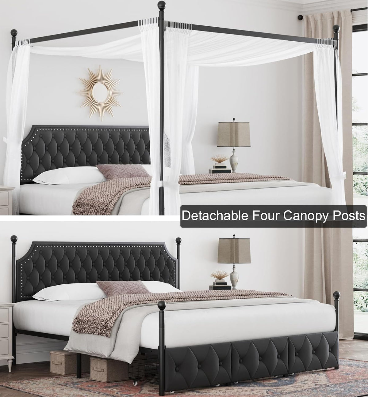 Keyluv King Upholstered Canopy Bed Frame with 3 Storage Drawers & Button Tufted Headboard, Metal Platform Bed with 4 Removable Posts, Two-Purpose Velvet Bed, Dark Grey/Curtain Not Included