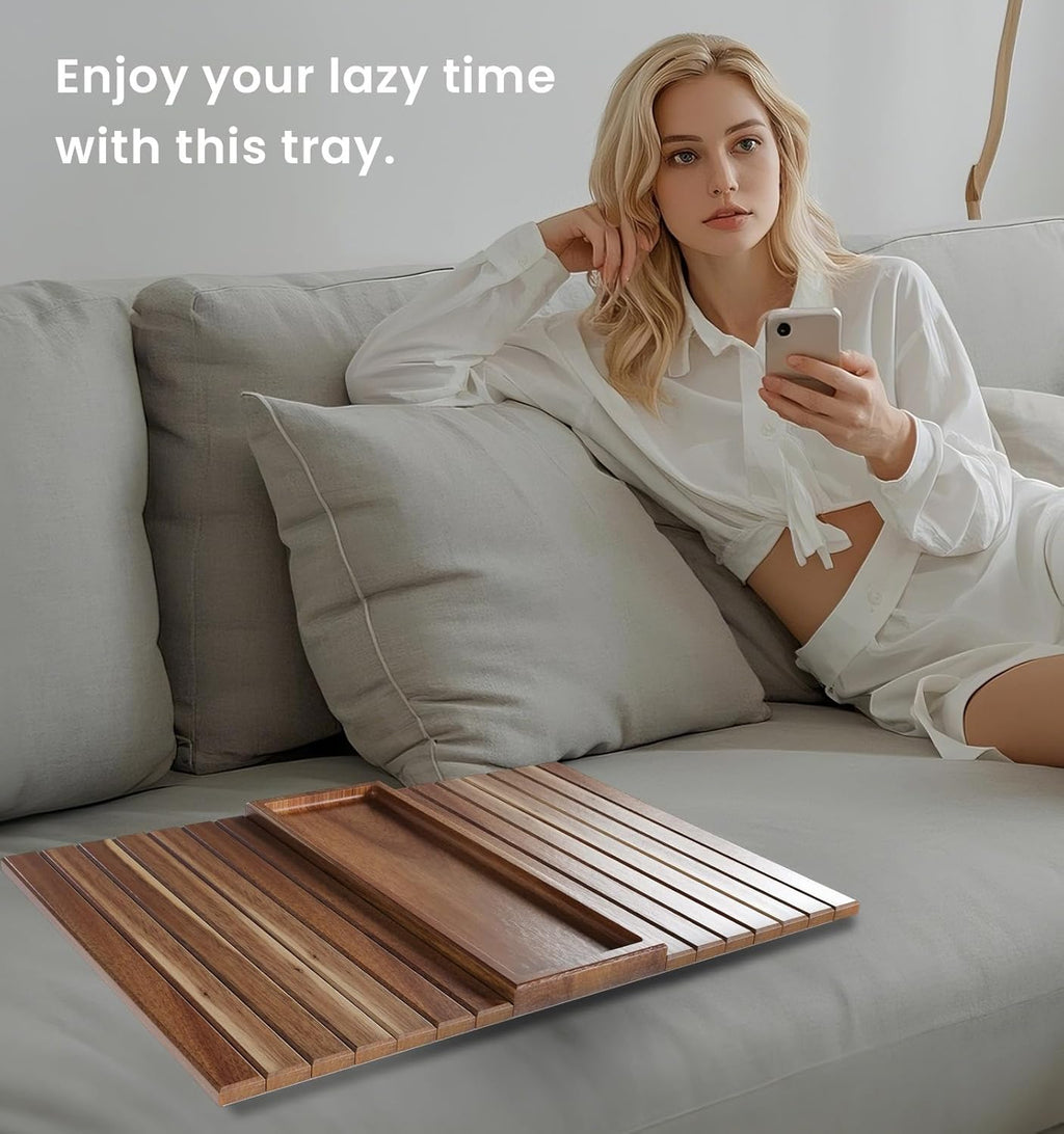 Sofa Arm Tray,Acacia Wood Folding Couch Arm Tray,Sofa Armrest Trays with Anti-Slip Pad for Drinks,Snacks,Phone,Remote Control 2 PC