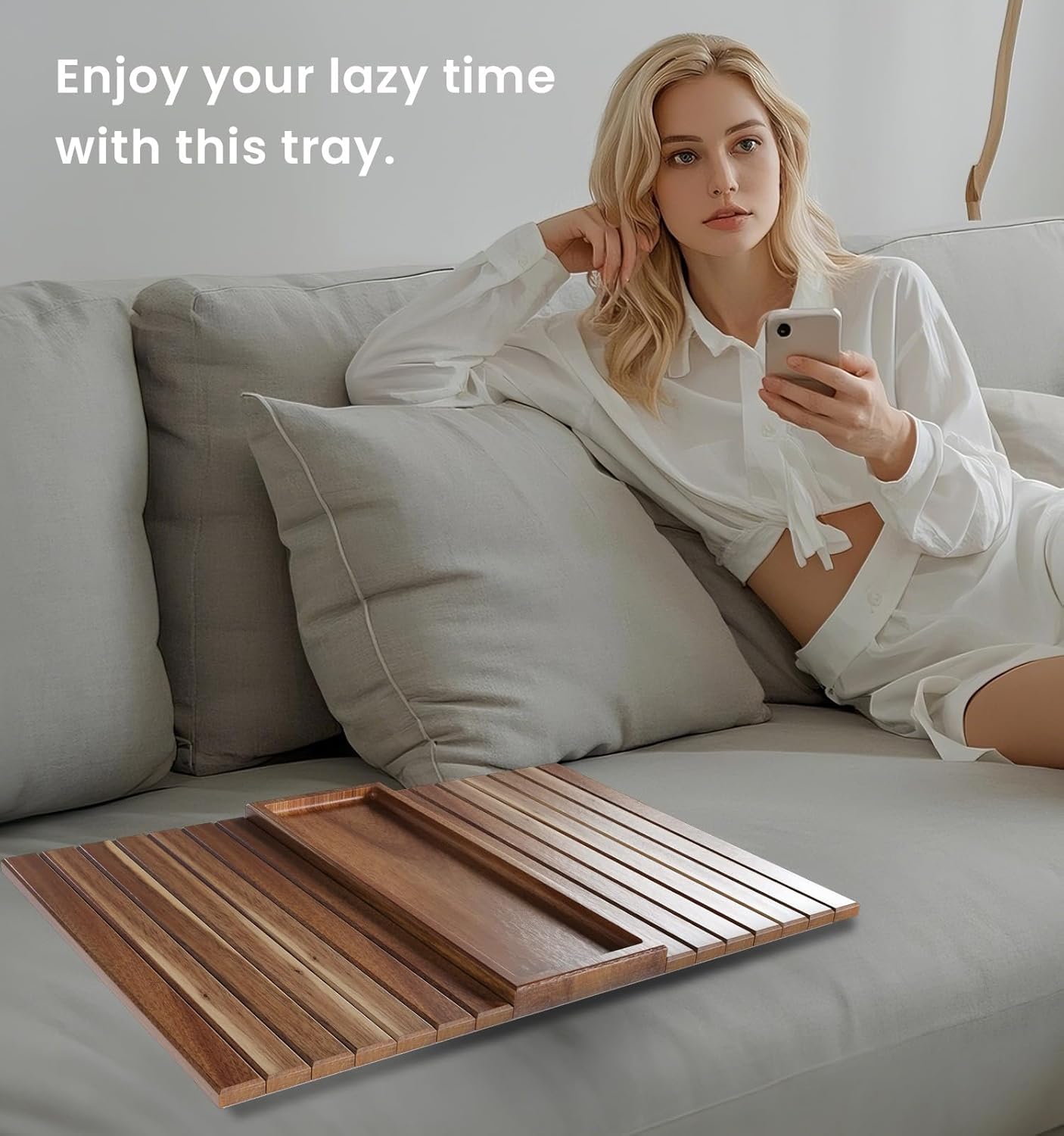 Sofa Arm Tray,Acacia Wood Folding Couch Arm Tray,Sofa Armrest Trays with Anti-Slip Pad for Drinks,Snacks,Phone,Remote Control 2 PC