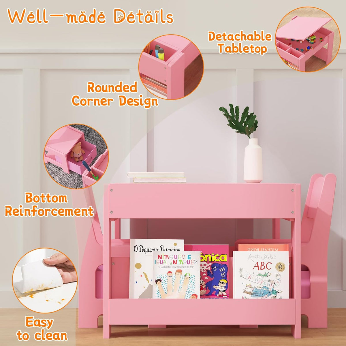 Kids Table and Chair Set - 4 in 1 Wooden Activity Table & 2 Chairs, Storage Drawer, Detachable Tabletop, for Drawing, Reading, Crafts, Art, Homework