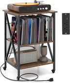 GOFLAME Record Player Stand with Power Outlet, 3-Tier Industrial Rolling Turntable Stand with 3 Vinyl Record Storage Dividers, Adjustable Shelf & Wheels for Living Room, Bedroom, Rustic Brown
