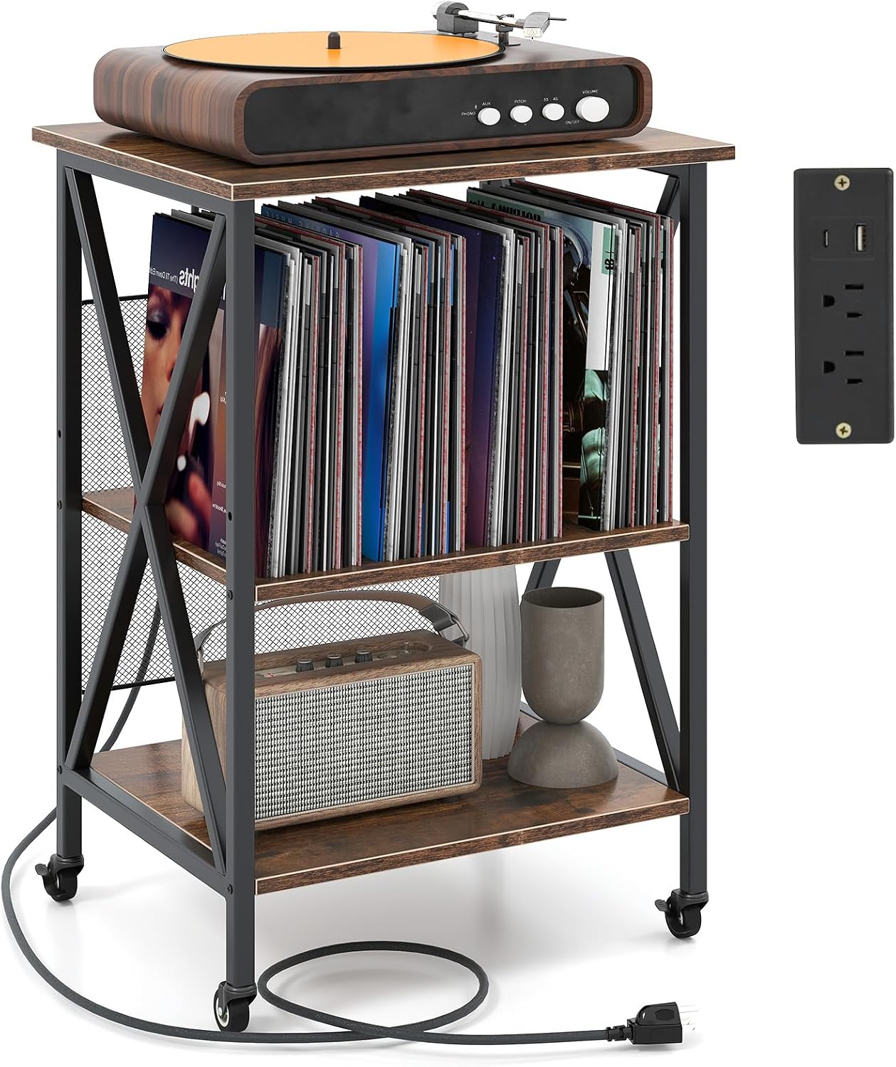 GOFLAME Record Player Stand with Power Outlet, 3-Tier Industrial Rolling Turntable Stand with 3 Vinyl Record Storage Dividers, Adjustable Shelf & Wheels for Living Room, Bedroom, Rustic Brown
