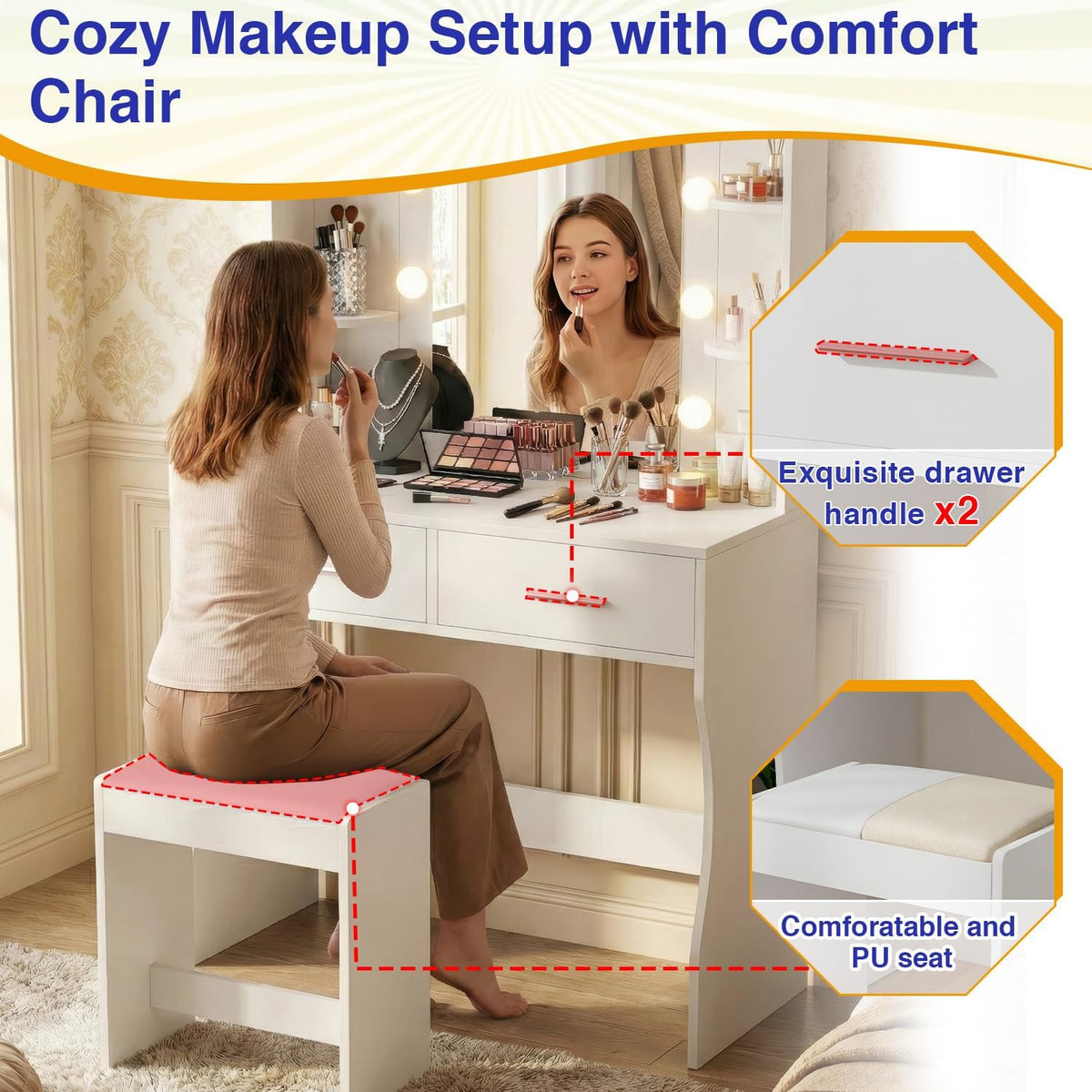 ‌FDW Vanity Desk with Mirror and Lights, 2-Drawer Makeup Vanity Desk with 3 Adjustable Light Colors, 6 Shelves and Power Outlets for Bedroom, White