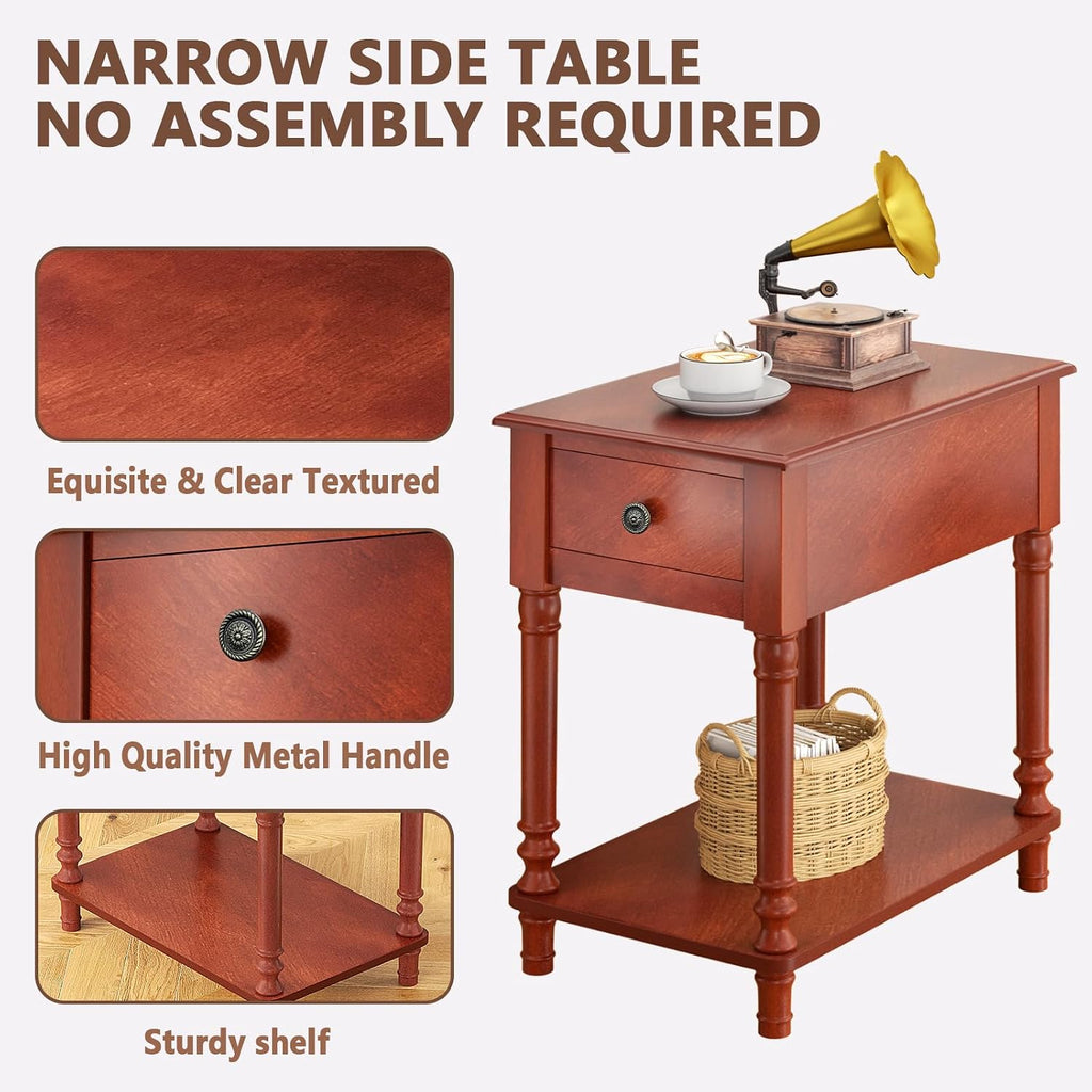 ROOMTEC Solid Wood End Table with Drawer and Shelf, Narrow Side Table Living Room, Vintage Wood Narrow Sofa Side Table, Nightstand for Bedroom, 14" W x 22" D x 24.8" H