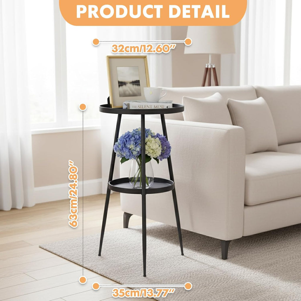 ShellKingdom Small Round Side Table, 2 Tier Metal End Table for Indoor Outdoor Bedroom Living Room Home Office Nightstand (Black)