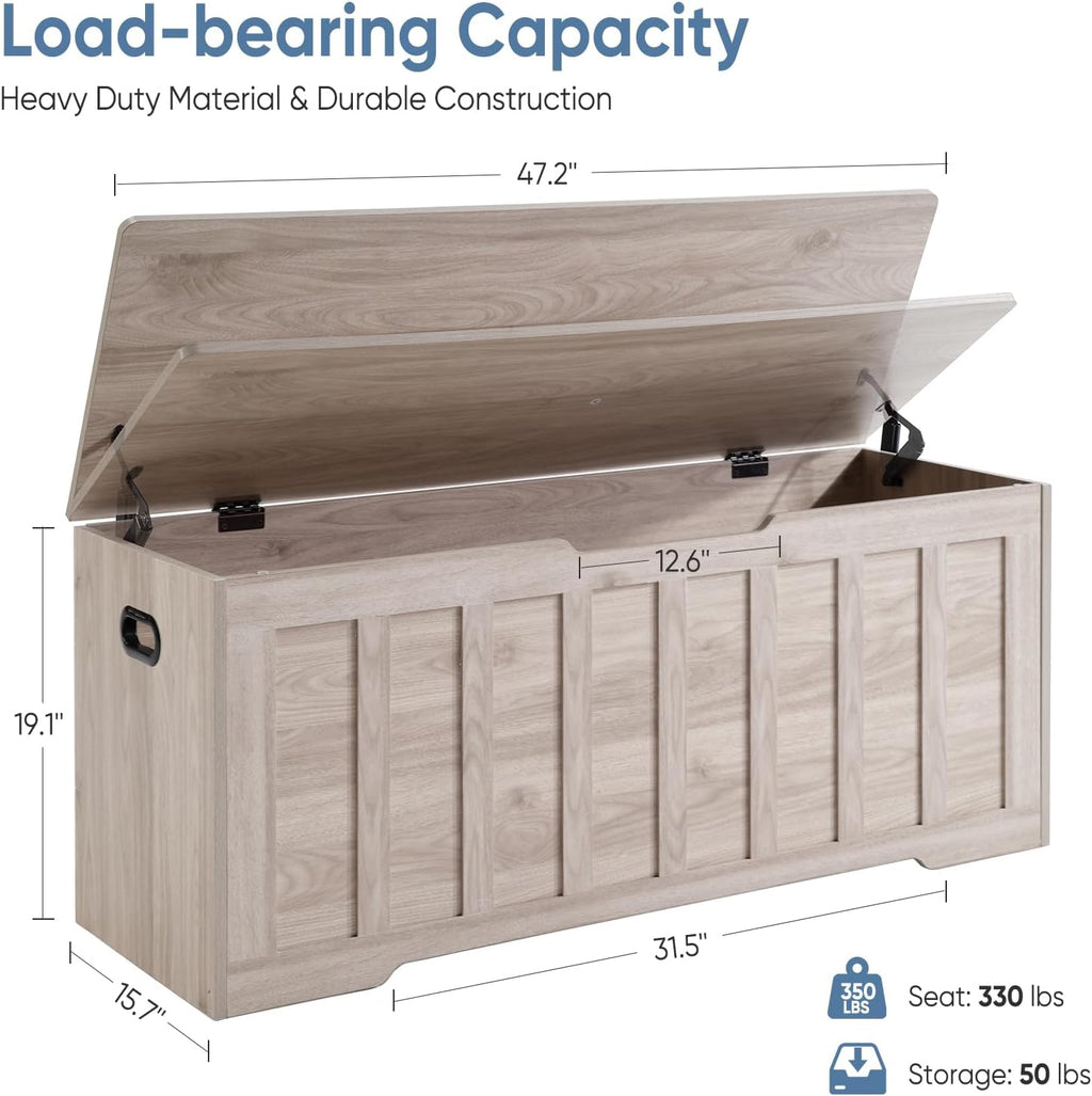 DUMOS 47.2" Wooden Storage Chest Bench with Storage for Bedroom | Extra Large with Ample Space and Safety Hinges, Fits Entryway or Living Room, Farmhouse Style with Easy Assembly Gray