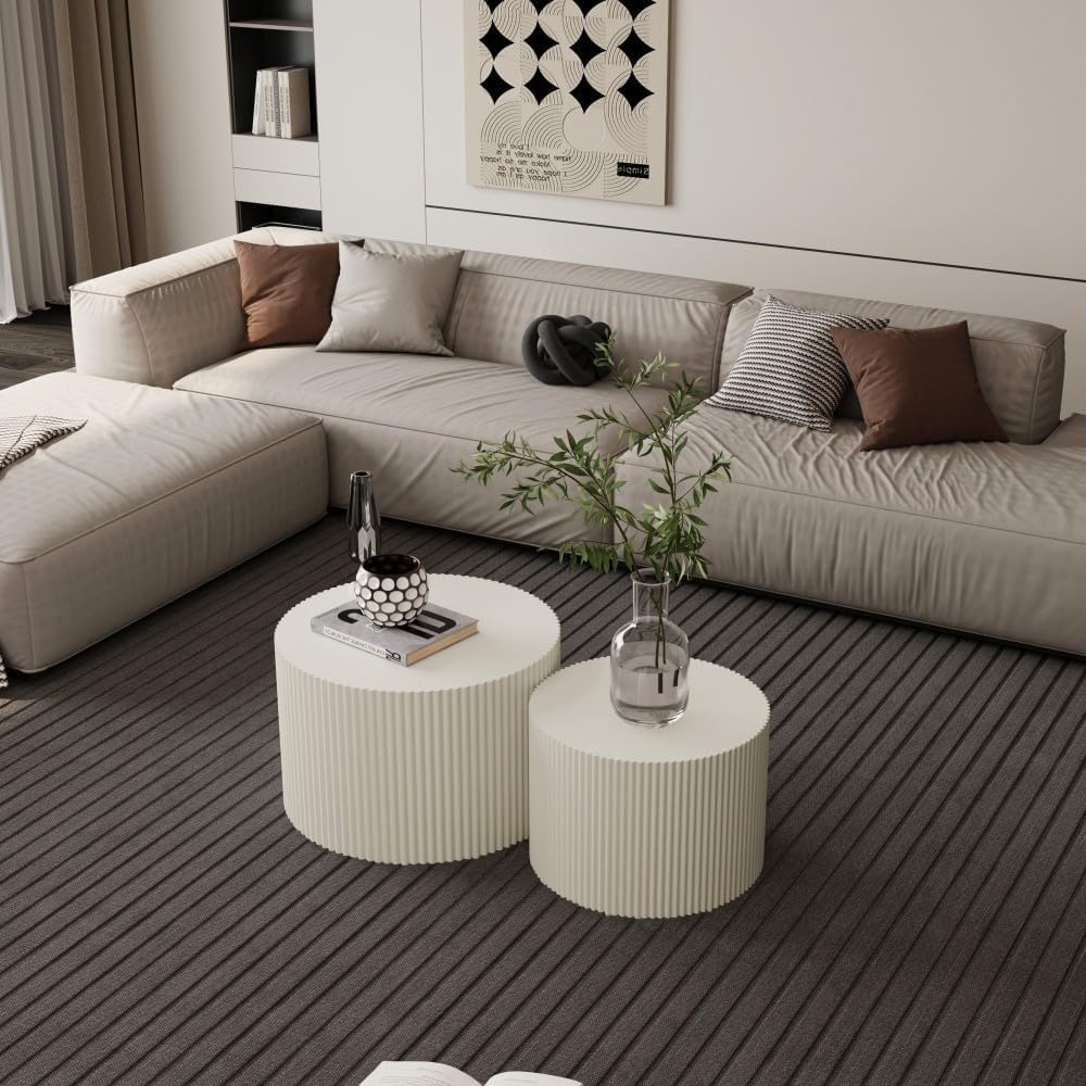 Coffee Table Set of 2, Black MDF Nesting Tables with Wave Stripe Design | Space-Saving Nesting Design, 110 lb Tabletop Capacity, Foot Pads, Painted MDF Surface for Living Rooms