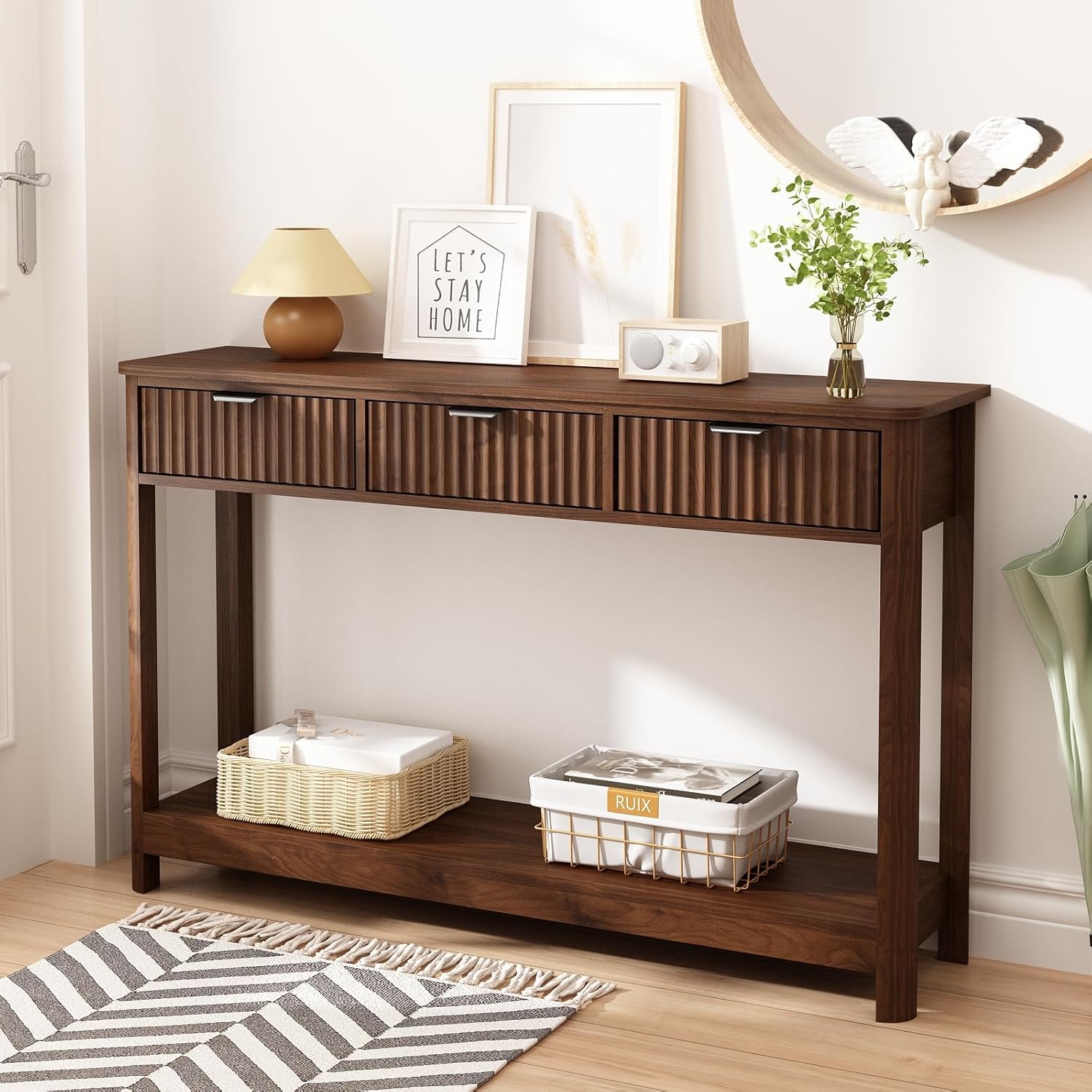 HOKYHOKY Fluted Console Table with Drawers, 47.1" Entryway Table, Walnut | with Storage Shelf, Modern, Narrow Skinny, Behind Couch Wood Sofa Table, for Living Room Hallway Entrance Foyer