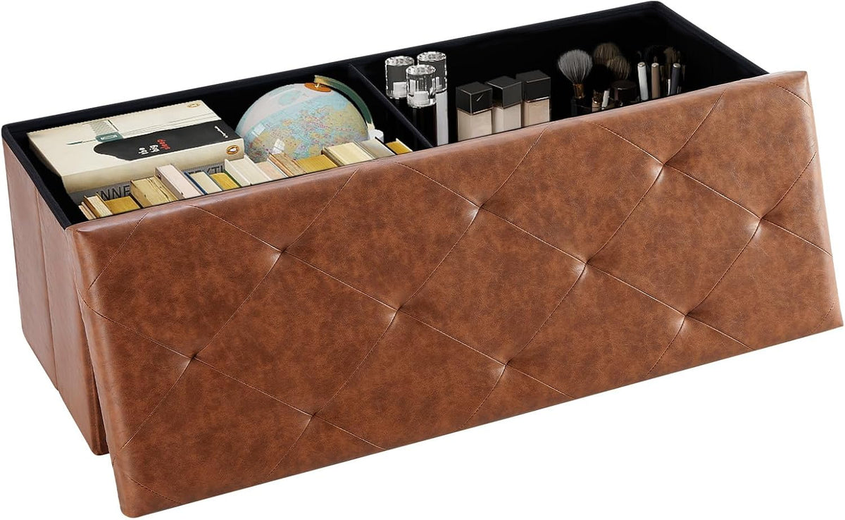 DUMOS 43 Inch Folding Storage Ottoman Bench, Large Ottoman with Storage | Storage Chest with Padded Seat, End of Bed Foot Rest Stool for Bedroom Living Room, Load 660 lbs, Synthetic Leather, Brown