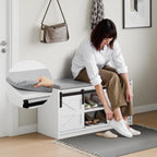 Mondeer Shoe Storage Bench, 2-Tier Farmhouse Entryway Bench with Sliding Barn Door Storage Cabinets & Removable Seat Cushion, for Entryway Hallway Bedroom, 90 x 45 x 35 cm, White