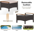 RELAX4LIFE Outdoor Wicker Ottomans for Patio - 2 Pieces PE Rattan Ottoman, Footrest Seat with Zippered Cushions, Acacia Wood Handles, 3-in-1 Footstool, Side Table for Poolside, Backyard (Brown)